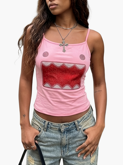 Damen Y2K Streetwear Tanktop mit Cartoon-Motiv und Ripped Jeans – Trendiges Urban Style Outfit