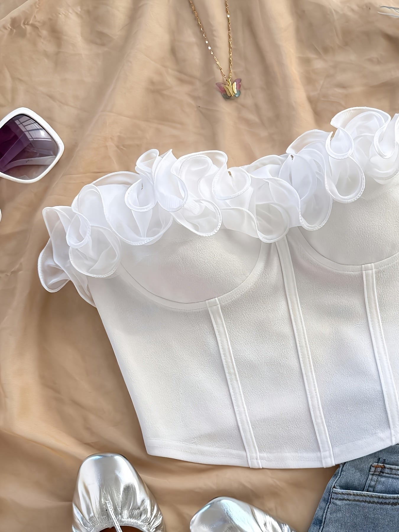 Damen Bustier Top schulterfrei mit Volant und Rüschen – Elegantes Party- und Ausgeh-Oberteil