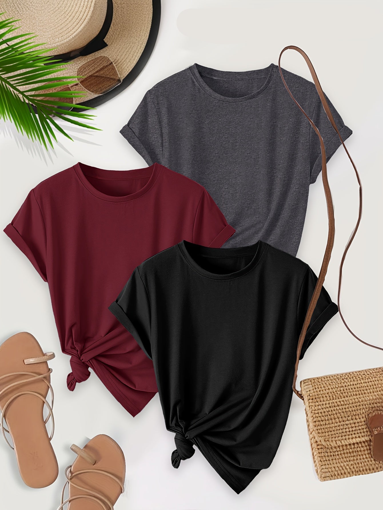 Damen Basic T-Shirt Set mit Knoten-Detail und Umschlagärmeln – Lässiger Alltagsstil, 3er-Pack
