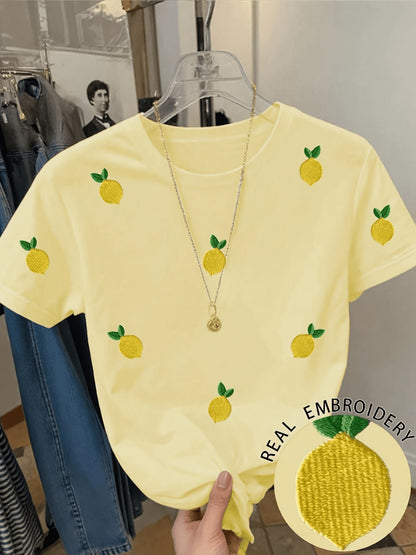 Damen T-Shirt mit Zitronenstickerei – Verspieltes Casual Shirt mit echter Stickerei