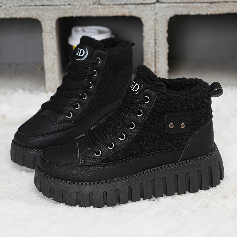 Damen Winter Plateaustiefel mit Teddyfutter, Schnürsenkel und Profilsohle