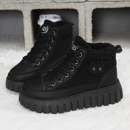 Damen Winter Plateaustiefel mit Teddyfutter, Schnürsenkel und Profilsohle