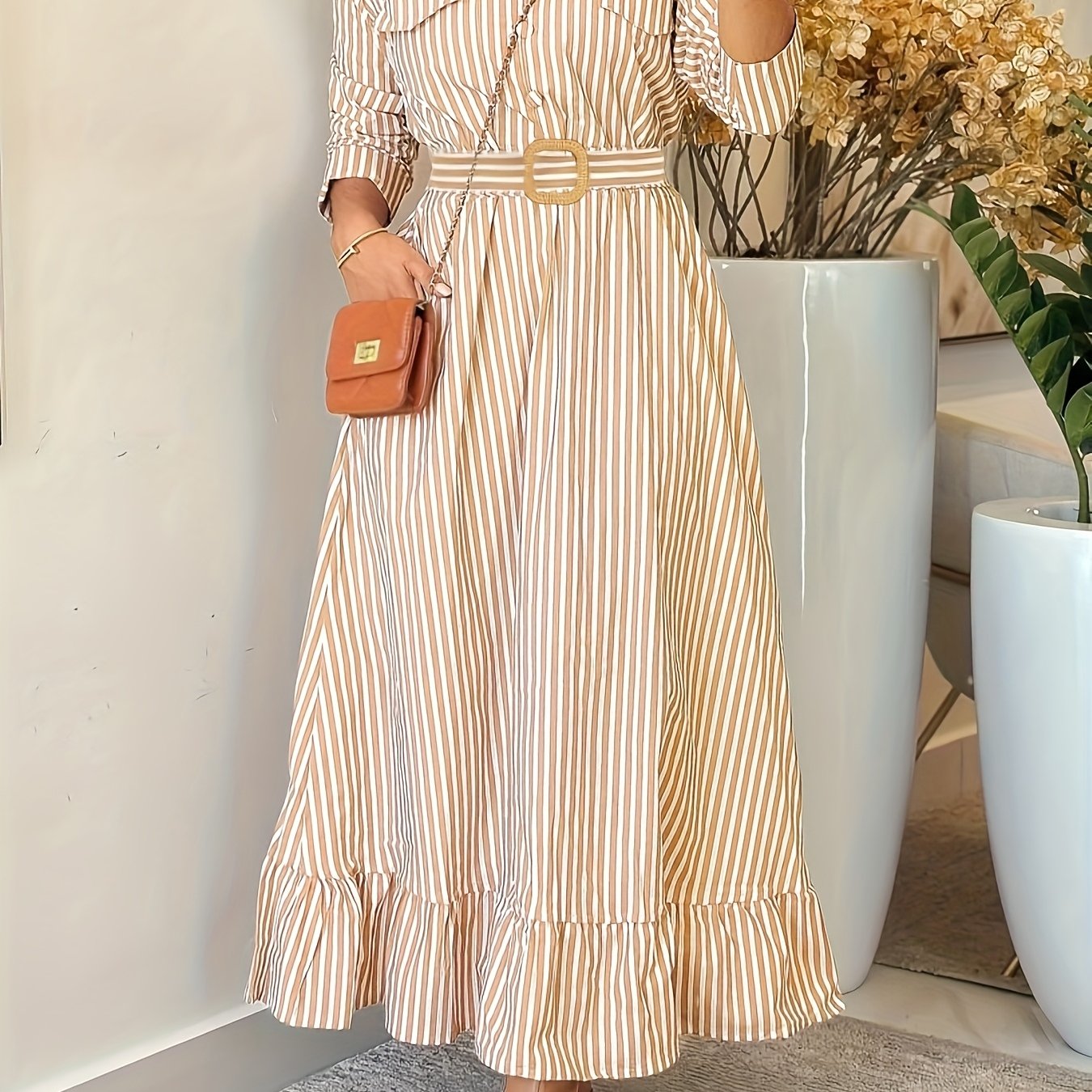 Damen Maxikleid Hemdblusenkleid gestreift Langarm Rüschensaum Weiß Braun