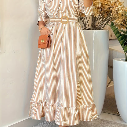 Damen Maxikleid Hemdblusenkleid gestreift Langarm Rüschensaum Weiß Braun