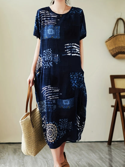 Damen Freizeitkleid mit geometrischem und botanischem Muster, lockerer Oversize-Stil, ideal für Alltag und Freizeit