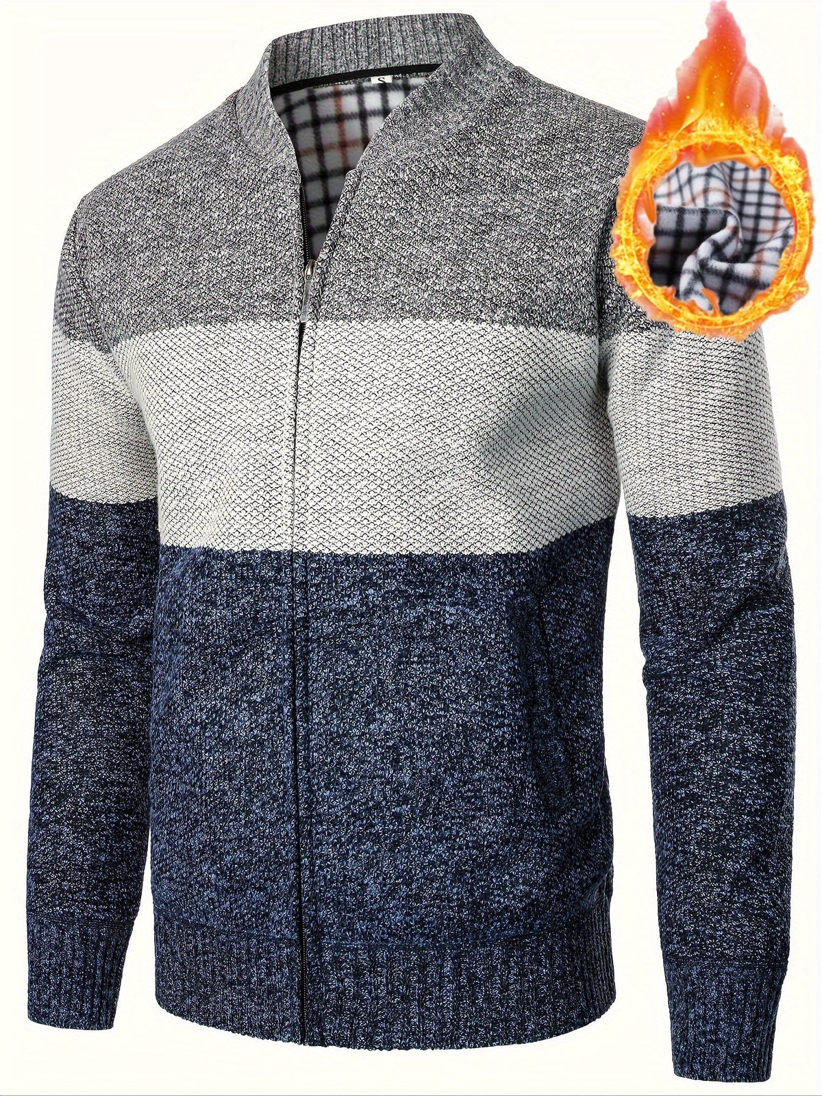 Herren Cardigan gestreift mit Stehkragen – melierter Strick und kariertes Futter