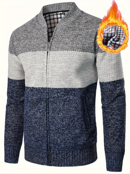 Herren Cardigan gestreift mit Stehkragen – melierter Strick und kariertes Futter