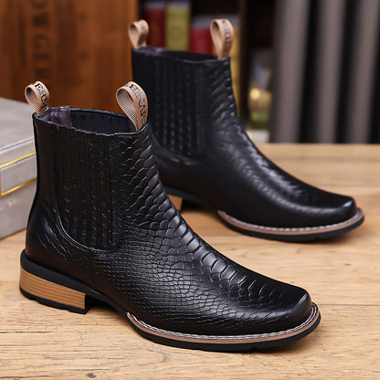 Herren Stiefelette Kroko-Prägung Quadratische Spitze Elastikeinsätze