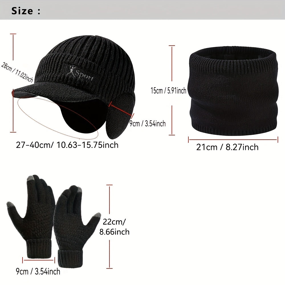 Winter Mütze Schal Handschuhe Set, Strickmütze mit Ohrenklappen, Nackenwärmer & Touchscreen-Handschuhe