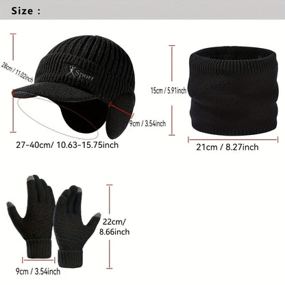 Winter Mütze Schal Handschuhe Set, Strickmütze mit Ohrenklappen, Nackenwärmer & Touchscreen-Handschuhe