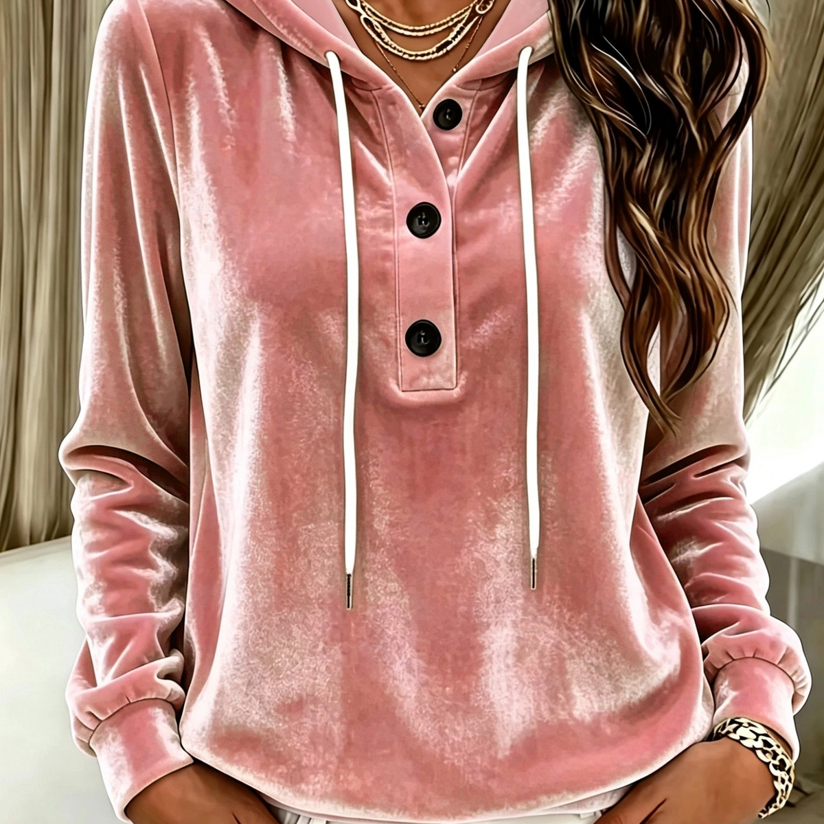 Damen Hoodie mit Kapuze und Knopfleiste, Langarm, weiches Material