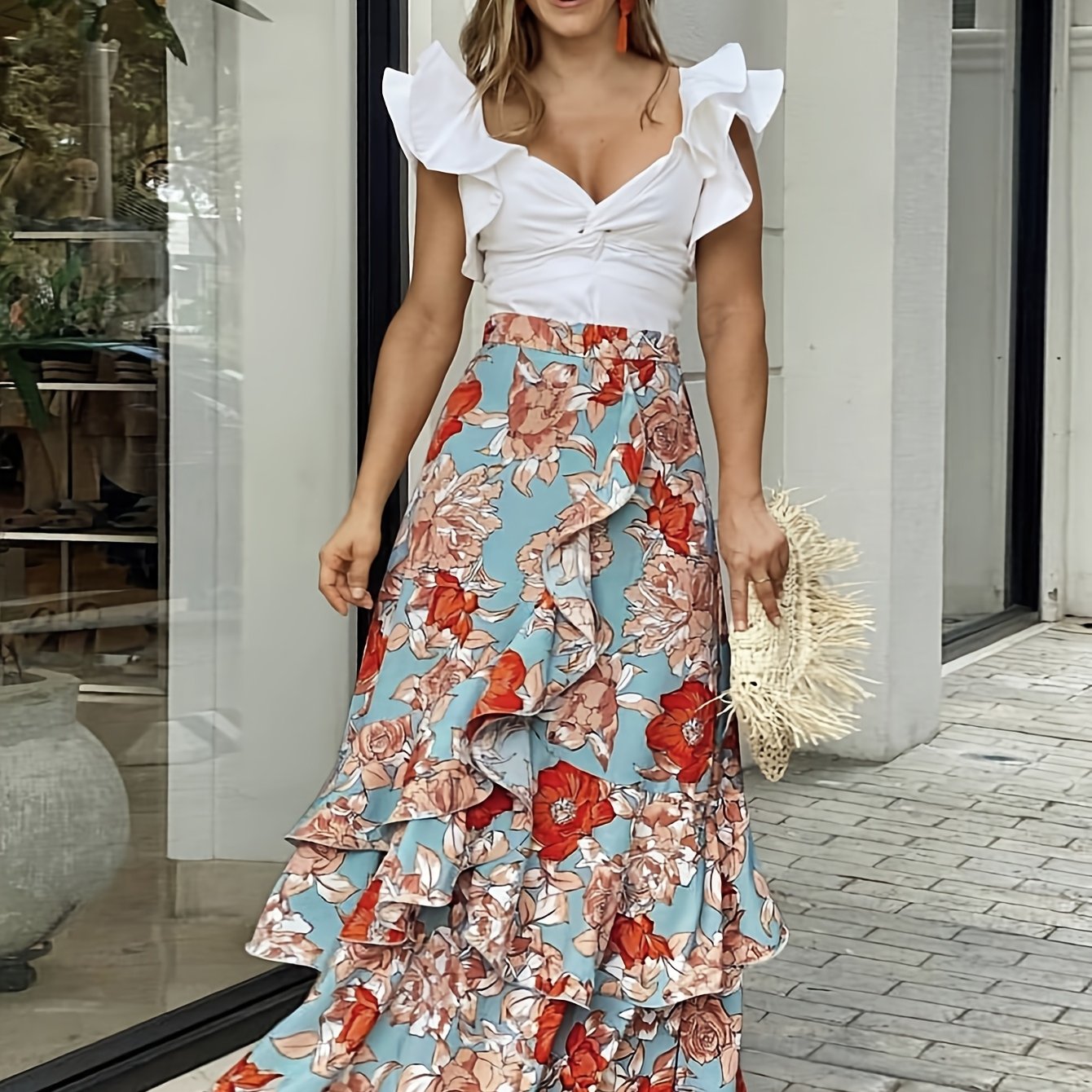 Damen Maxirock mit Blumenmuster und Volant-Details – Eleganter Wickelrock für festliche Anlässe