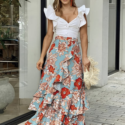 Damen Maxirock mit Blumenmuster und Volant-Details – Eleganter Wickelrock für festliche Anlässe