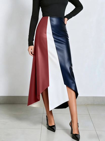 Damen Midirock in A-Linie mit Color-Blocking und asymmetrischem Saum