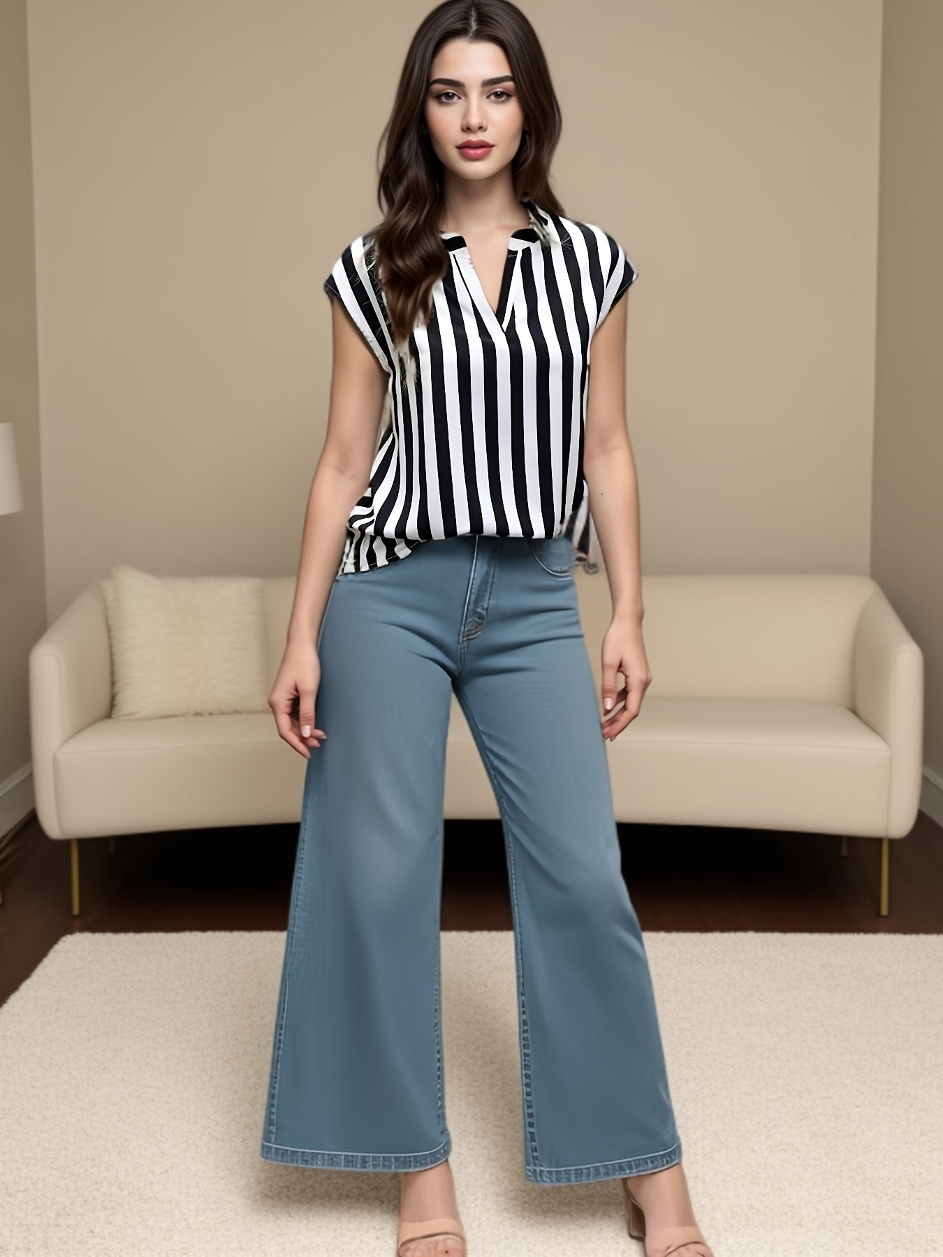 Damen Bluse mit schwarzen Streifen und weitem Schnitt – Modischer Freizeitstil für Büro und Alltag