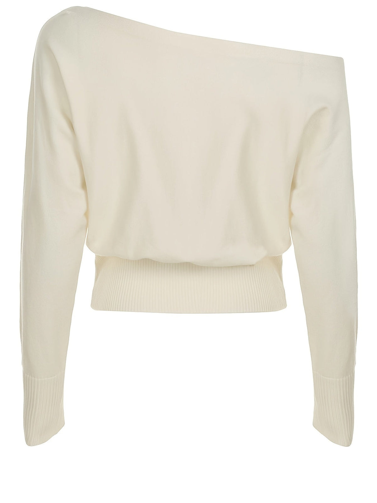Damen Off-Shoulder Strickpullover Weiß mit Rippbündchen