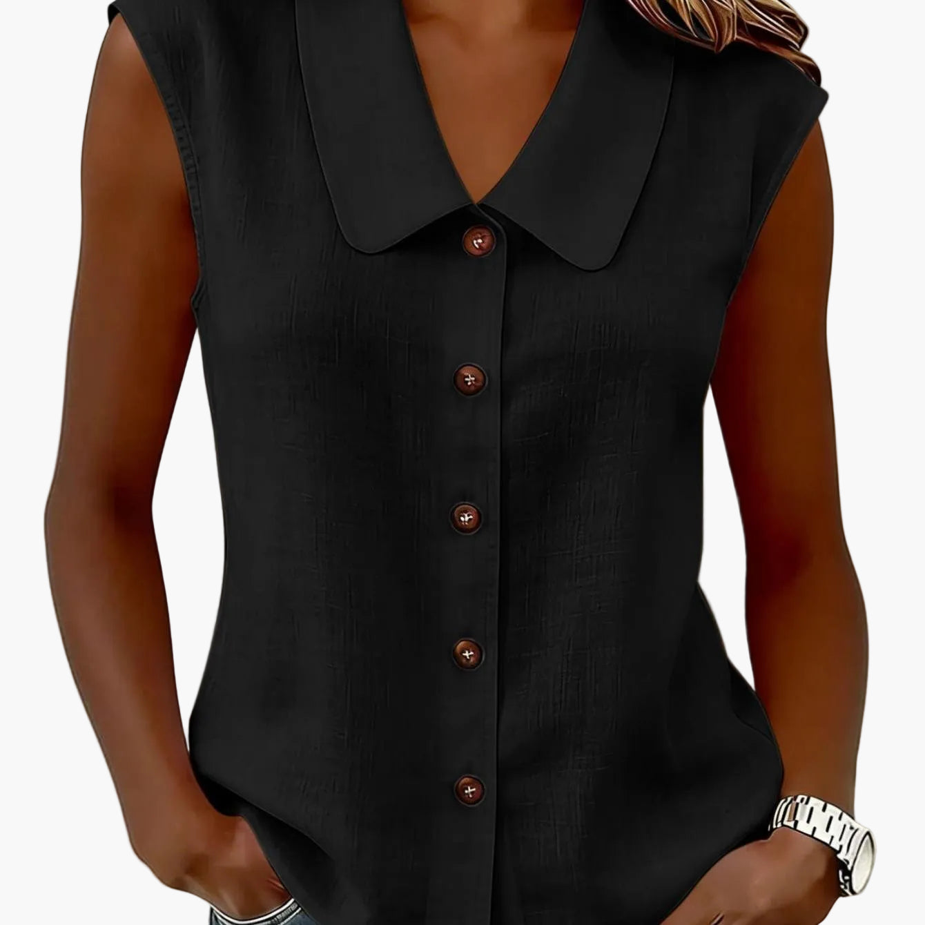 Damen Blusentop ohne Ärmel mit Knopfleiste und großem Kragen – Eleganter Freizeitstil für Alltag und Büro
