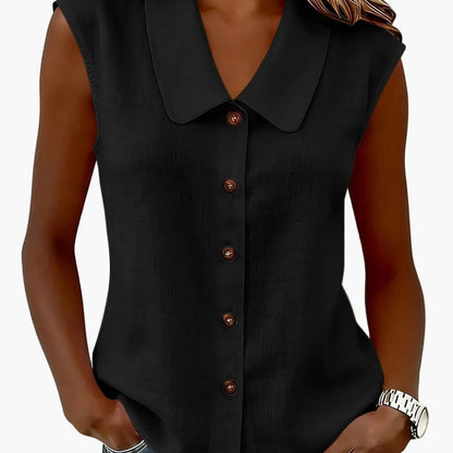 Damen Blusentop ohne Ärmel mit Knopfleiste und großem Kragen – Eleganter Freizeitstil für Alltag und Büro