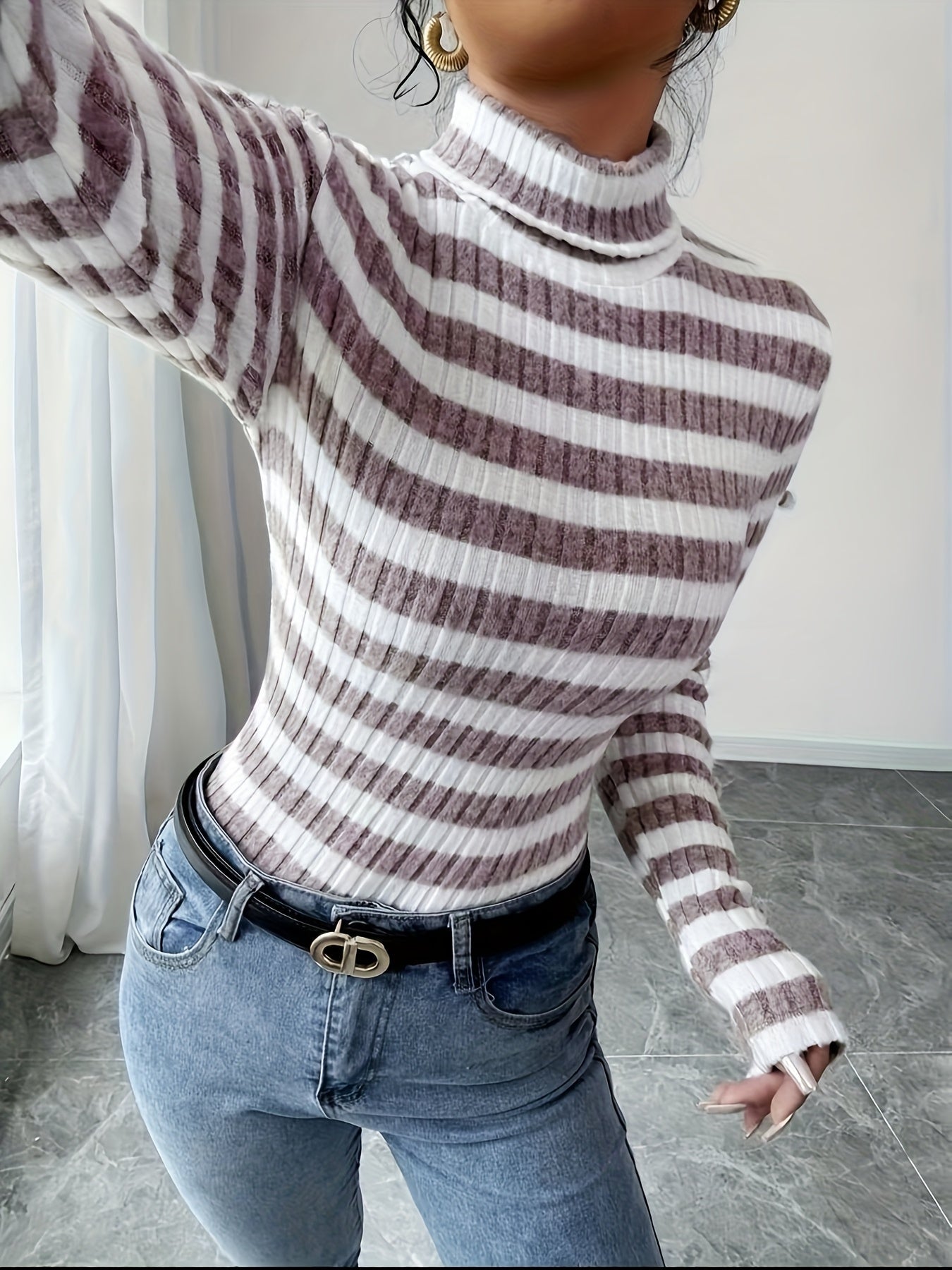 Damen Rollkragenpullover Gerippt Gestreift Langarm Oberteil