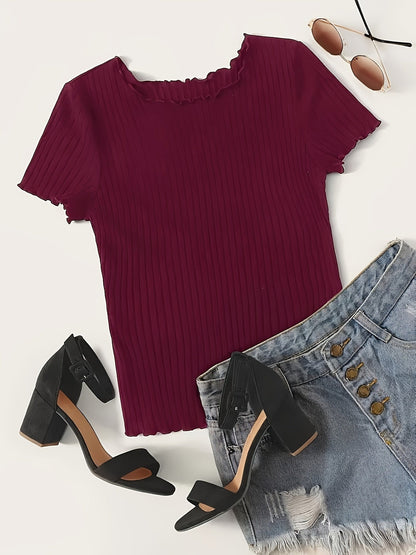 Damen Basic Kurzarm Rippen-Shirt mit Wellenkante – Stilvolles Freizeit- & Büro-Oberteil