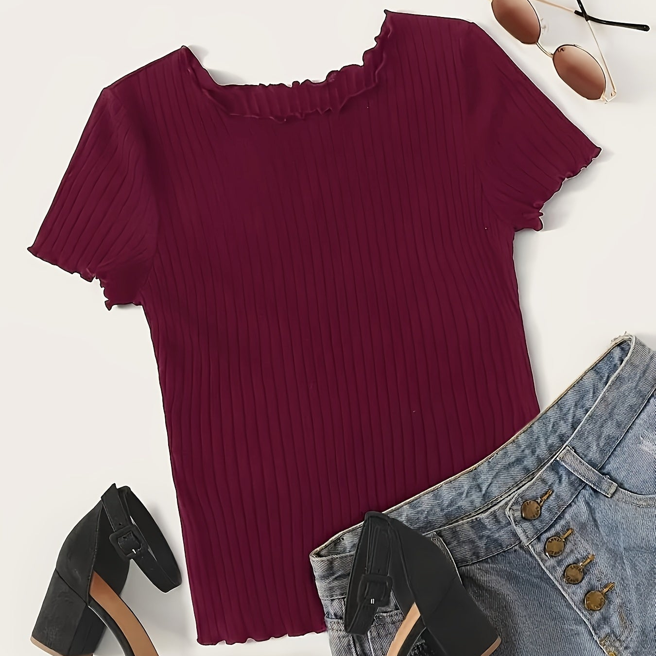 Damen Basic Kurzarm Rippen-Shirt mit Wellenkante – Stilvolles Freizeit- & Büro-Oberteil