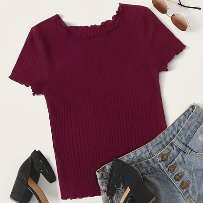 Damen Basic Kurzarm Rippen-Shirt mit Wellenkante – Stilvolles Freizeit- & Büro-Oberteil