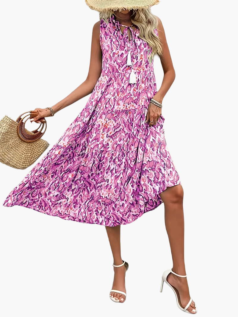 Damen Sommerkleid Elegant Boho Style Ärmellos Midi Freizeitkleid mit Kordel und Quasten