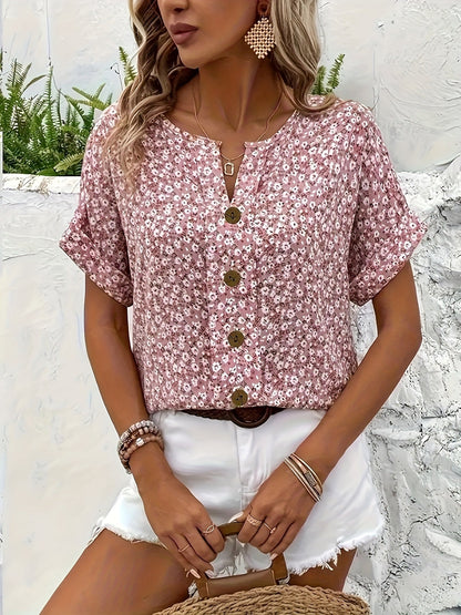 Damen Bluse mit Knopfleiste – Sommerlicher Blumenprint, Kurzarm, Eleganter Freizeit-Look