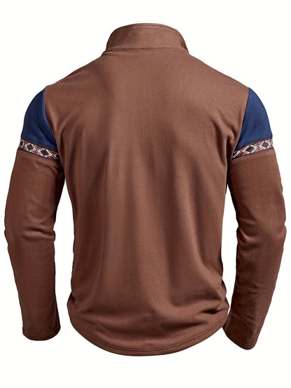 Herren Halb-Reißverschluss Pullover Braun Blau mit Ethno-Muster Stehkragen