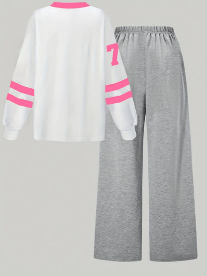 Zweiteiliges Sport-Set für Damen, Weißes Oberteil mit Aufdruck, Graue weite Hose