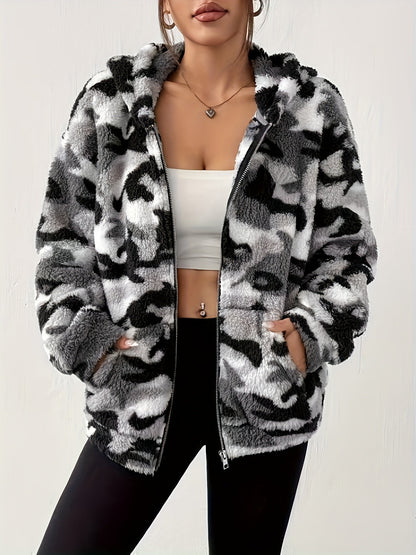 Damen Teddyfell Kapuzenjacke Camouflage Muster mit Reißverschluss