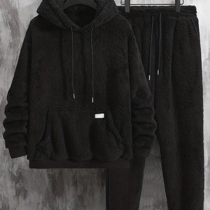 Kuscheliger Fleece Kapuzenpullover & Jogginghose Set für Herren, einfarbig