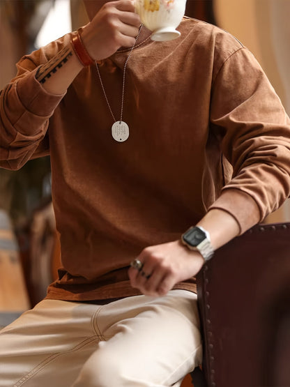 Langarmshirt Herren, lockere Passform, Rundhals, Braun-Orange Used-Look