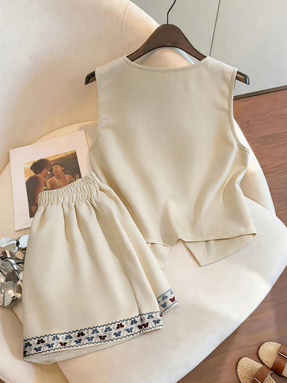 Damen Kurzarm Blusen-Set mit Shorts, bestickt, V-Ausschnitt, Freizeit Zweiteiler
