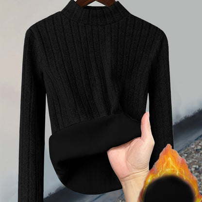Damen Pullover Rippstrick Stehkragen Warme Fleecefütterung Langarm