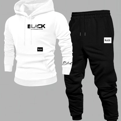Unisex Trainingsanzug Hoodie & Jogginghose Set Schwarz mit Aufdruck