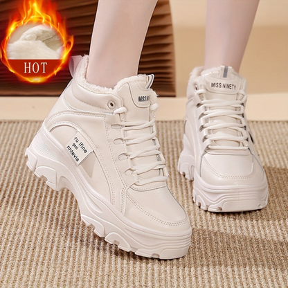 Damen Plateau Sneaker Stiefel Winter Weiß Beige Gefüttert Hoch Profilsohle