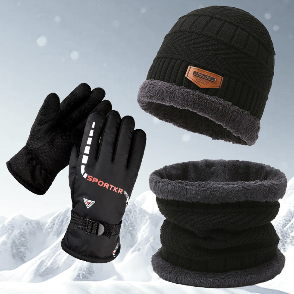 Winter Set Mütze Schal Handschuhe – Strickmütze Beanie Loop-Schal Sport Handschuhe warm gefüttert