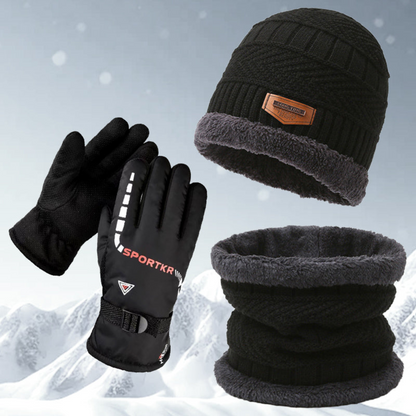 Winter Set Mütze Schal Handschuhe – Strickmütze Beanie Loop-Schal Sport Handschuhe warm gefüttert