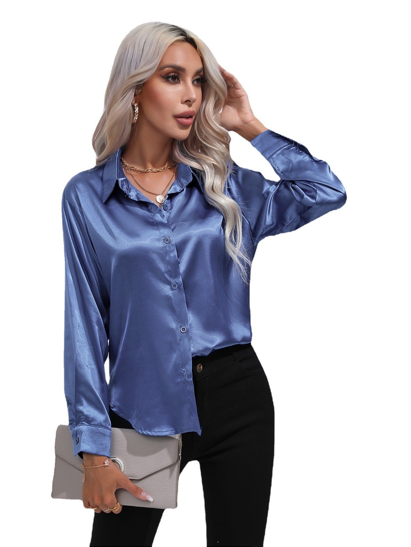 Damen Elegante Glanz-Bluse mit Knopfleiste – Klassische Langarm-Hemdbluse für Büro & Abend