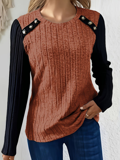 Damen Langarmshirt Gerippt Kontrastärmel Knopfdetails Rundhals