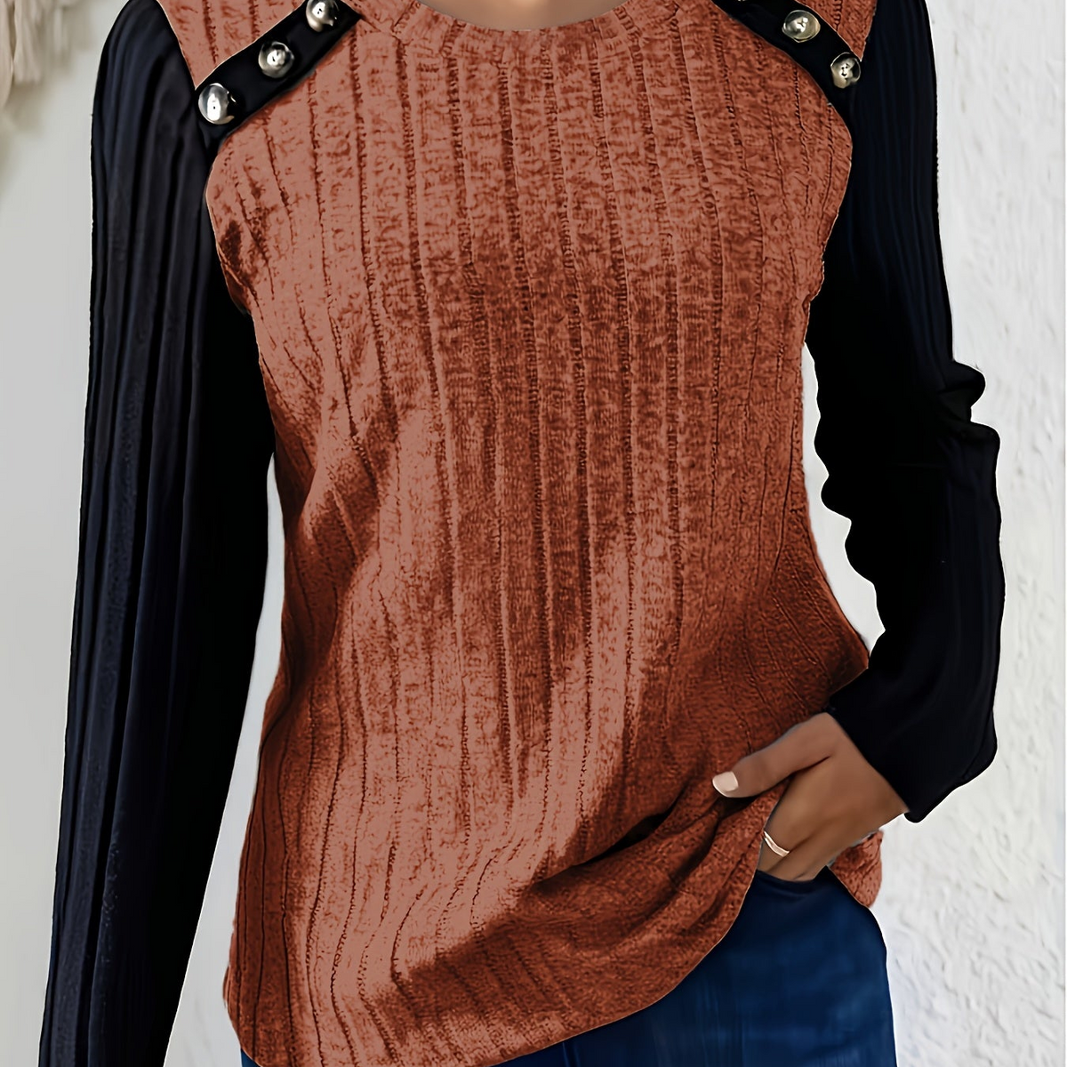 Damen Langarmshirt Gerippt Kontrastärmel Knopfdetails Rundhals