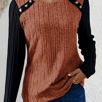 Damen Langarmshirt Gerippt Kontrastärmel Knopfdetails Rundhals