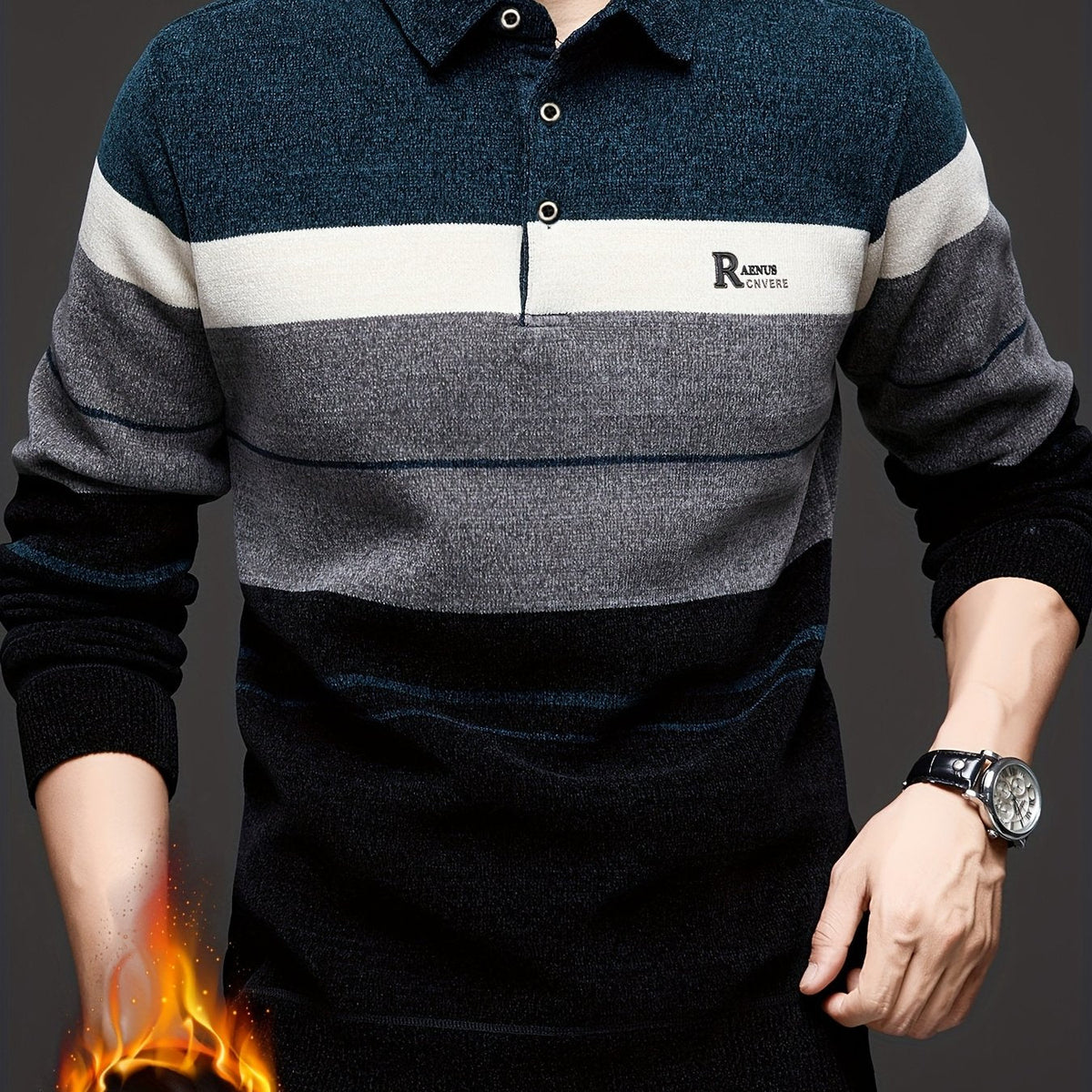 Herren Winter Polo-Pullover mit Kragen, gestreiftes Design und warmem Innenfutter