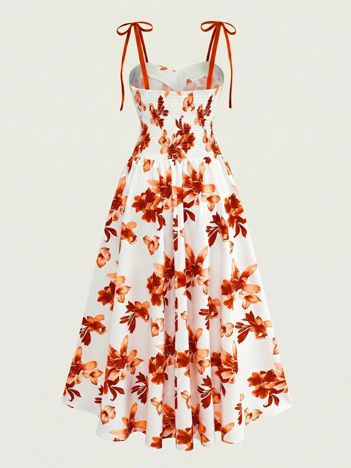 Damen Midikleid mit Blumenmuster und Schleifen-Trägern – Elegantes A-Linien Sommerkleid