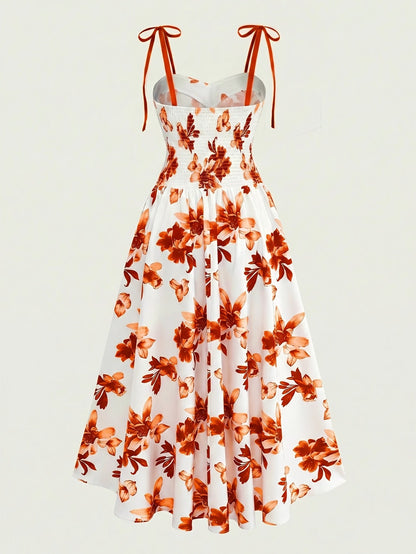Damen Midikleid mit Blumenmuster und Schleifen-Trägern – Elegantes A-Linien Sommerkleid