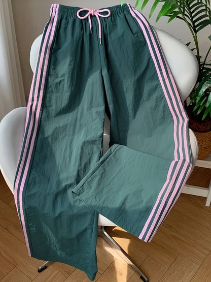 Damen Weitbeinige Athleisure Hose mit Streifen und Kordelzug – Sportlich & Lässig