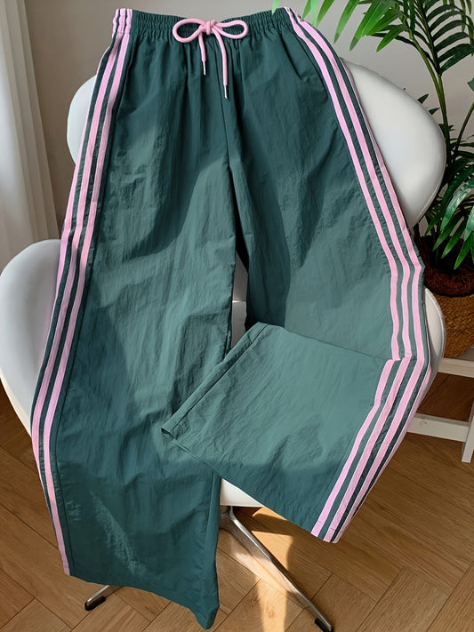 Damen Weitbeinige Athleisure Hose mit Streifen und Kordelzug – Sportlich & Lässig