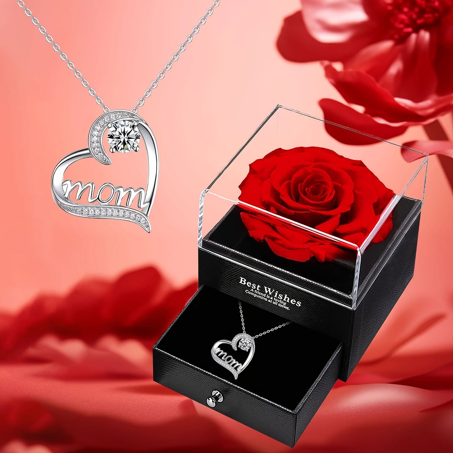 Damen Muttertag Schmuck Geschenkset – Herz Halskette mit „Mom“-Gravur & Ewige Rose in Geschenkbox – Elegantes Andenken für Mütter