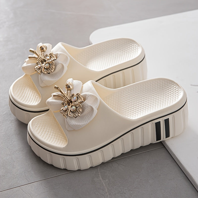 Damen Plateau-Slides mit floraler Applikation und modernem Design – Modische Freizeitsandalen